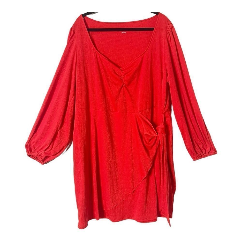 Ava & Viv Dress Faux Wrap Long Sleeve‎ V Neck Crepe Coral Red Size 2X